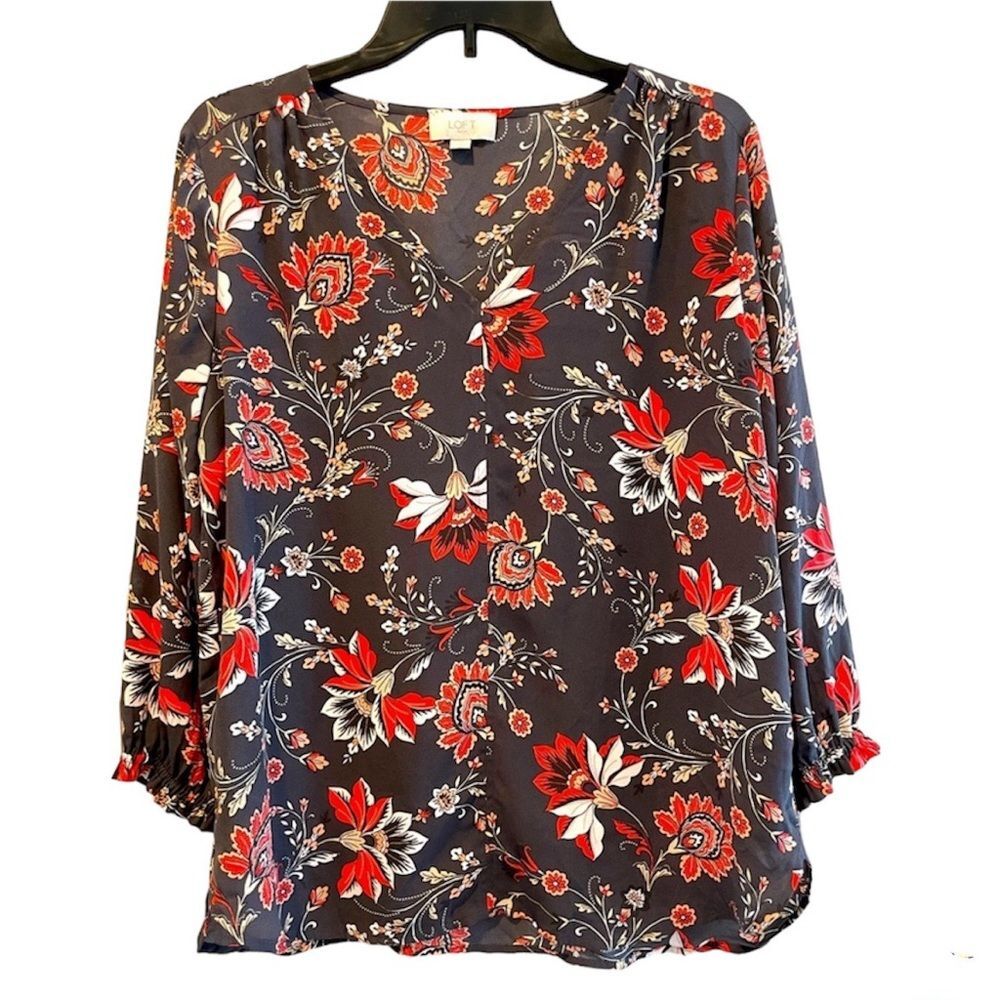 Loft Floral V-Neck Boho Blouse Long‎ Ruffle Sleeves Gray Coral Size Medium